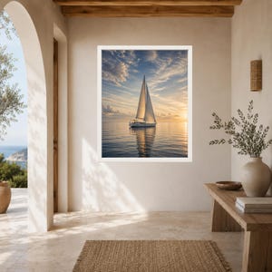 May include: A framed wall art print featuring a sailboat with a white sail gliding across calm water during a golden sunset. The sky is filled with soft, wispy clouds reflecting warm light, creating a serene maritime scene in a vertical orientation.