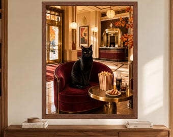 Art Deco Black Cat Hotel Lobby Print, Vintage Popcorn Scene (Digital Download)