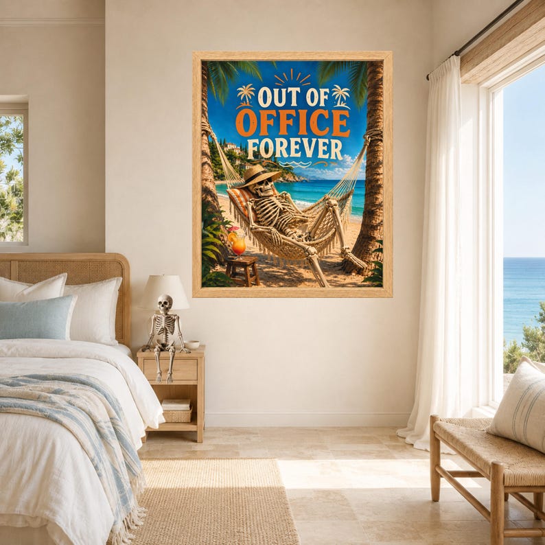 Póster divertido de esqueleto en hamaca de playa, arte de vacaciones tropicales (descarga digital) imagen 7