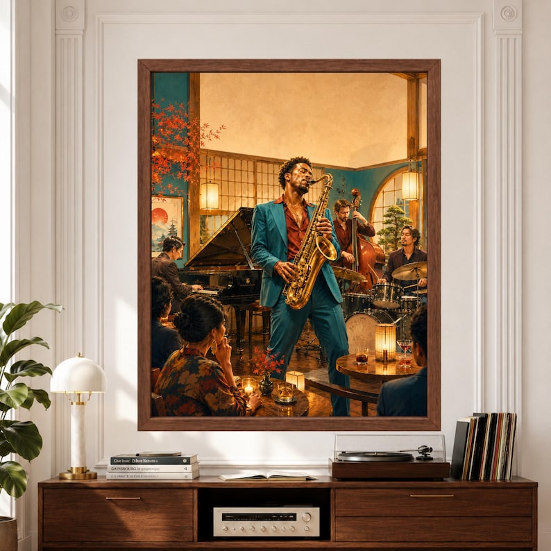 Framed live jazz wall art featuring a saxophonist in a teal suit performing with piano, upright bass and drums inside an intimate warm-lit jazz lounge with seated listeners and café tables.