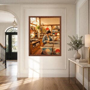 May include: A framed wall art print depicting a person browsing through vinyl records in a warm, sunlit shop. The scene features wooden shelves, audio equipment, and colorful record covers with Japanese-inspired sun motifs in a cozy interior.