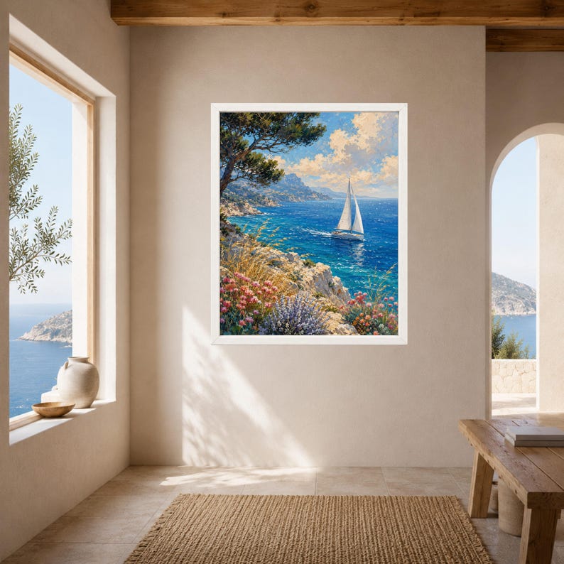 May include: A framed landscape painting depicting a white sailboat on a vibrant blue sea. The foreground features rocky cliffs with pink and purple wildflowers and tall grasses under a bright sky with fluffy white clouds and a large tree.