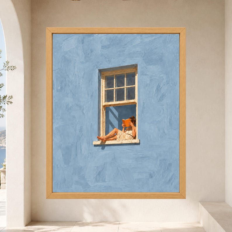 Woman Reading in Window Print, Soft Blue Wall Art, Book Lover Decor (Digital Download) image 8
