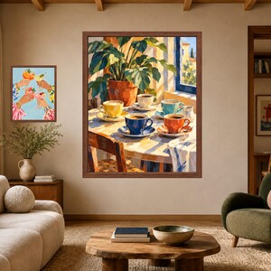 Mediterranean Coffee Cups Print, Colorful Kitchen Art, Painterly Café Scene (Digital Download) image 7