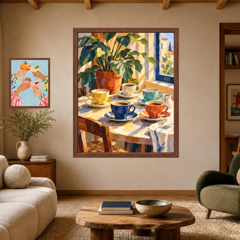 Mediterranean Coffee Cups Print, Colorful Kitchen Art, Painterly Café Scene (Digital Download) image 7