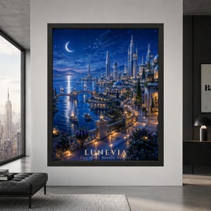 Framed Lunevia fantasy city wall art showing a blue moonlit harbor with sailing boats, crescent moon, illuminated stone towers, domes, arched bridges and waterfront terraces.