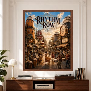Framed Rhythm Row percussion wall art featuring a lively fantasy music street filled with giant drum-shaped buildings, conga players, percussionists, dancers, cafés and crowds performing beneath a bright blue and golden sky.