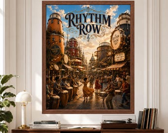 Rhythm Row Percussion Wall Art, Fantasy Music City Print (Digital Download)