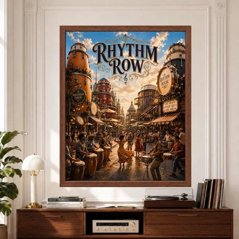 Framed Rhythm Row percussion wall art featuring a lively fantasy music street filled with giant drum-shaped buildings, conga players, percussionists, dancers, cafés and crowds performing beneath a bright blue and golden sky.