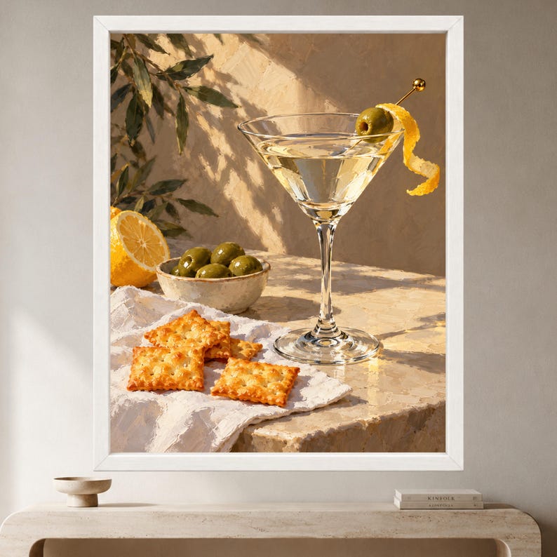 Martini Still Life Print, Olive Cocktail Art, Mediterranean Bar Decor (Digital Download) imagen 2