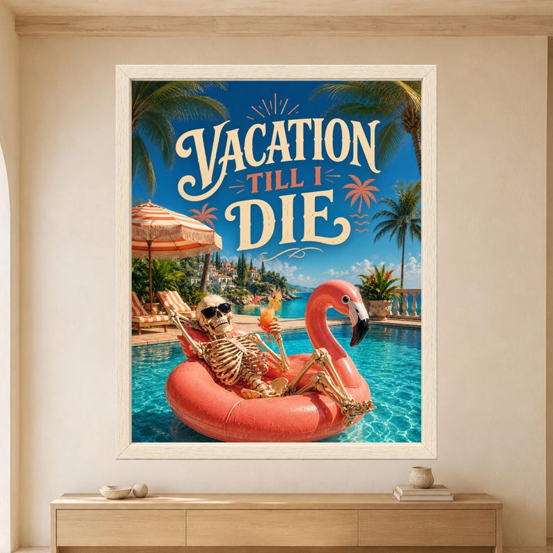 Funny Skeleton Flamingo Pool Poster, Tropical Summer Decor (Digital Download) image 9