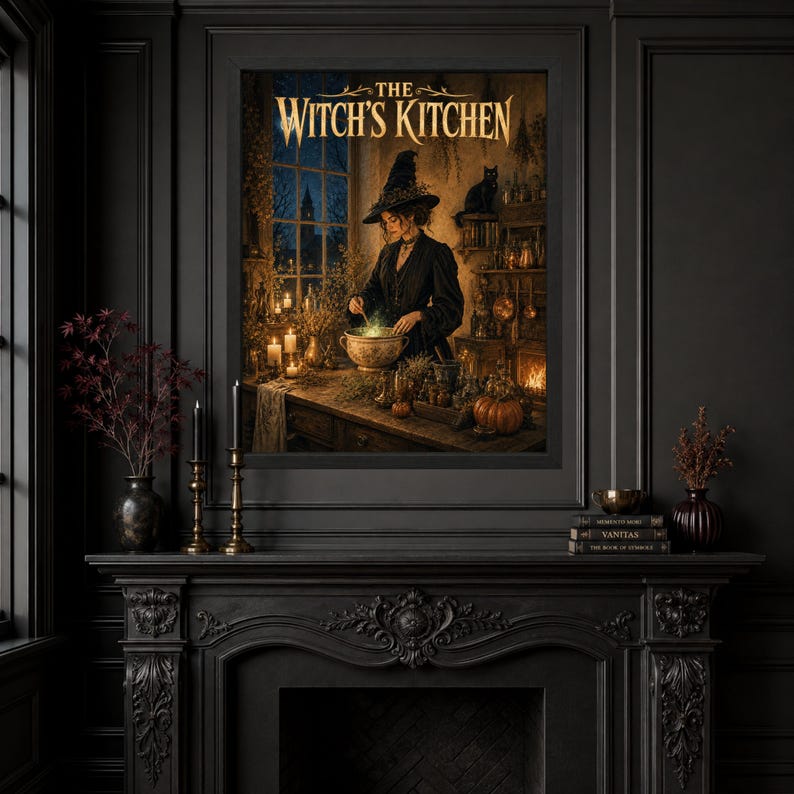 Może przedstawiać: Oprawiony wydruk ścienny zatytułowany THE WITCH'S KITCHEN przedstawiający osobę w czarnej szacie i spiczastym kapeluszu mieszającą świecący kociołek w słabo oświetlonym pokoju ze świecami, dyniami i czarnym kotem na p&oacute;łce przy oknie w nocy.