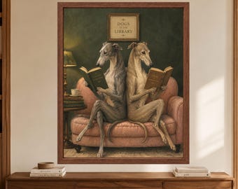 Greyhound Reading Wall Art, Whippet Library Poster, Book Lover Dog Print, Digital Download