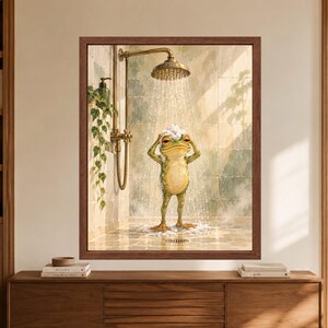 Funny Frog Shower Print, Whimsical Bathroom Art, Sage Green Spa Decor (Digital Download) imagen 8