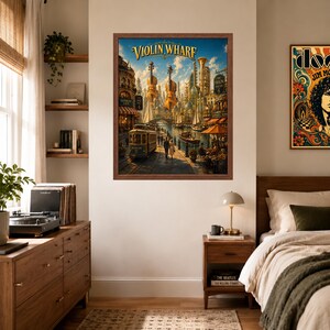 May include: A framed wall art print titled Violin Wharf featuring a fantasy cityscape with large floating violins, a vintage tram, a canal with boats, and people walking along the waterfront under a blue sky with clouds in a warm color palette.