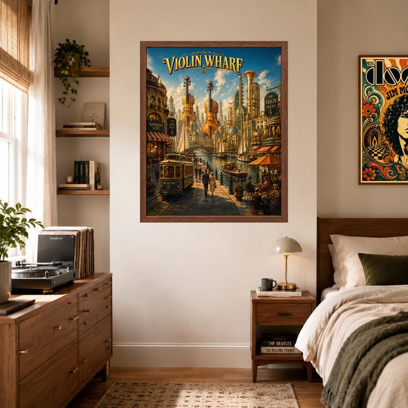 May include: A framed wall art print titled Violin Wharf featuring a fantasy cityscape with large floating violins, a vintage tram, a canal with boats, and people walking along the waterfront under a blue sky with clouds in a warm color palette.