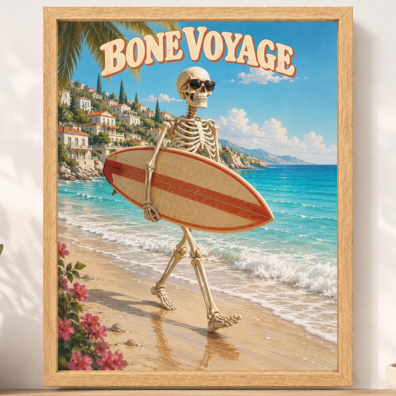 Funny Skeleton Surfer Poster, Retro Beach Art, Coastal Decor (Digital Download) image 2