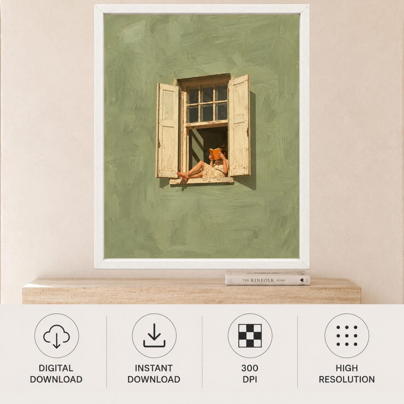 Woman Reading in Window Print, Sage Green Wall Art, Book Lover Decor (Digital Download) image 11