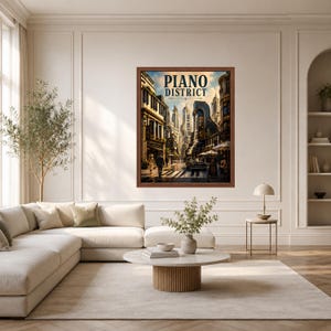 May include: A framed wall art print titled Piano District featuring a detailed urban street scene with tall buildings, a crosswalk, pedestrians, and a vintage car under a blue sky. The artwork is displayed in a dark brown wooden frame on a wall.