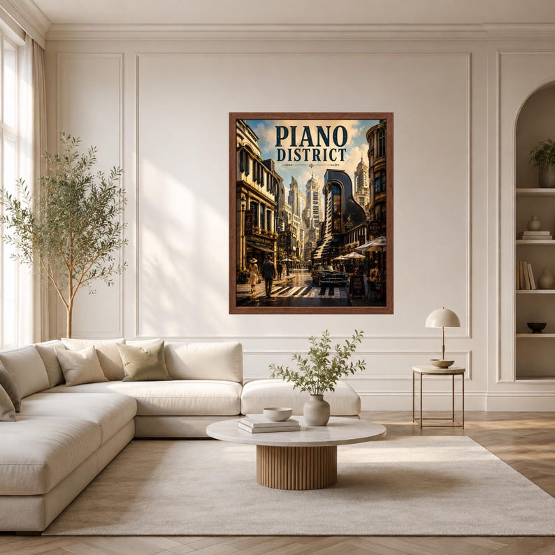 May include: A framed wall art print titled Piano District featuring a detailed urban street scene with tall buildings, a crosswalk, pedestrians, and a vintage car under a blue sky. The artwork is displayed in a dark brown wooden frame on a wall.