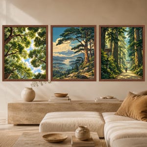 Japanese Landscape Print, Mountain Lake, Pine Trees, Woodblock Style (Digital Download) image 9