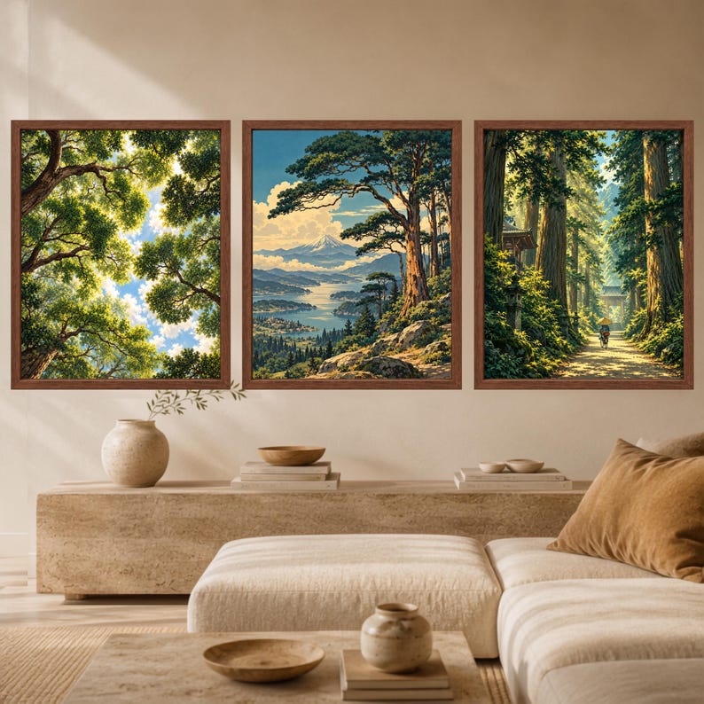 Japanese Landscape Print, Mountain Lake, Pine Trees, Woodblock Style (Digital Download) image 9