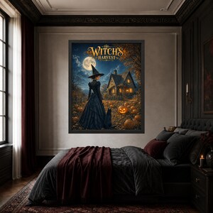 May include: A framed wall art print titled The Witch's Harvest, depicting a figure in a black dress and pointed hat standing in a pumpkin patch at night with a black cat, a glowing house, and a full moon under a dark, starry sky.