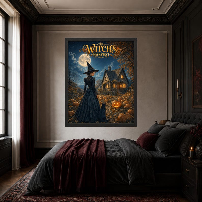 May include: A framed wall art print titled The Witch's Harvest, depicting a figure in a black dress and pointed hat standing in a pumpkin patch at night with a black cat, a glowing house, and a full moon under a dark, starry sky.