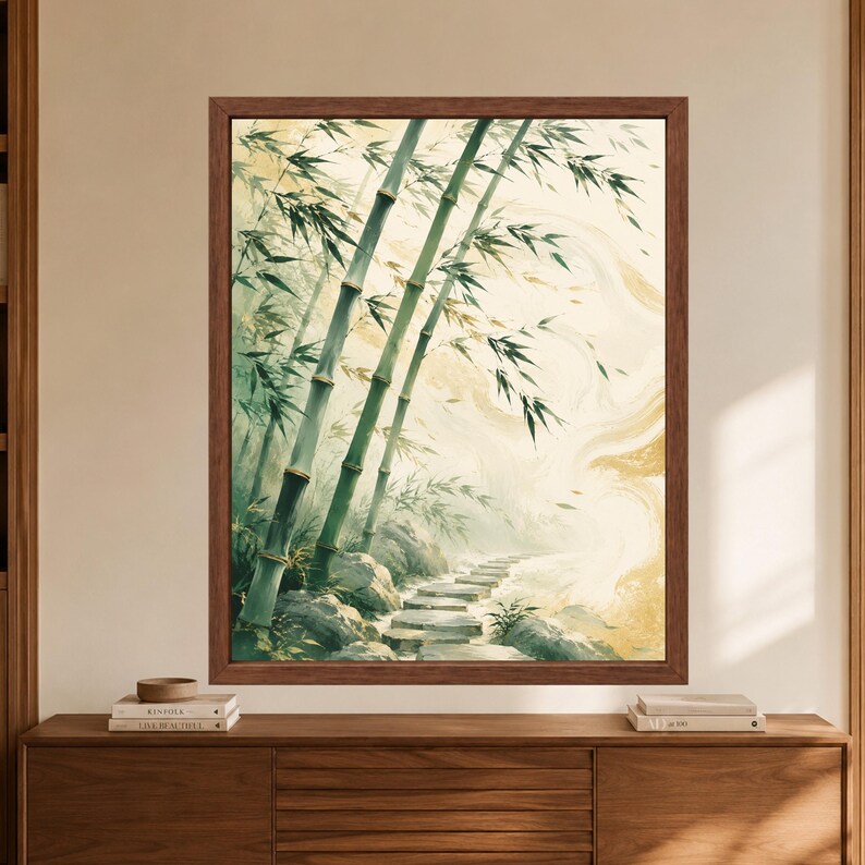 Framed Japanese bamboo wall art showing tall green bamboo beside a misty stepping-stone path with soft cream and gold brushwork in a minimalist Japandi nature scene.