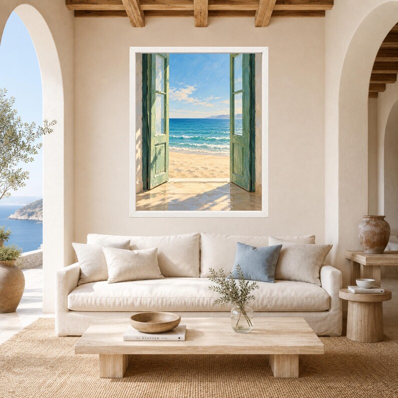 Open Door Sea View Print, Mediterranean Coastal Art, Green Door Beach Decor (Digital Download) image 3