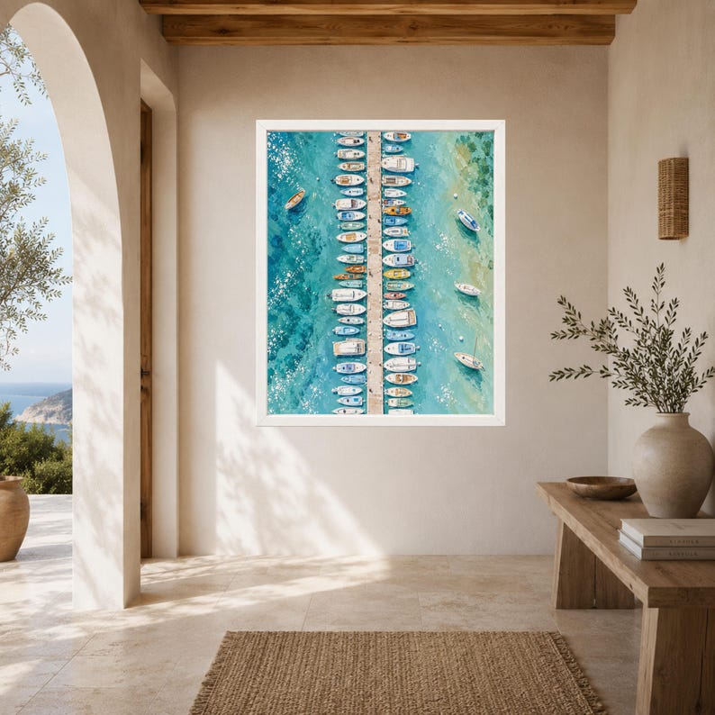 Aerial Marina Print, Turquoise Harbor, Mediterranean Boats (Digital Download) image 6