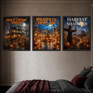 May include: Three framed wall art prints featuring Halloween scenes. The left print shows a house with the text THE JACK-O-LANTERN HOUSE. The center print shows a town with the text PUMPKIN HOLLOW. The right print shows a scarecrow with the text HARVEST OF SHADOWS.