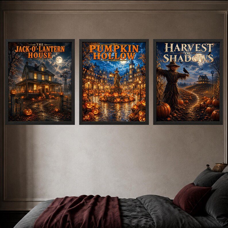 May include: Three framed wall art prints featuring Halloween scenes. The left print shows a house with the text THE JACK-O-LANTERN HOUSE. The center print shows a town with the text PUMPKIN HOLLOW. The right print shows a scarecrow with the text HARVEST OF SHADOWS.