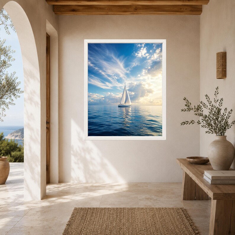 Pode incluir: Uma impress&atilde;o de arte de parede emoldurada apresentando um veleiro branco em um oceano azul calmo sob um c&eacute;u brilhante com nuvens leves. A cena captura a embarca&ccedil;&atilde;o centralizada na &aacute;gua, refletindo a luz do sol em um dia claro.