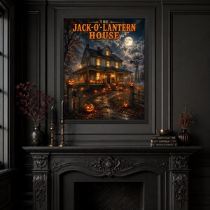 K&ouml;nnte beinhalten: Ein rechteckiger Wandkunstdruck mit dem Titel THE JACK-O'-LANTERN HOUSE, der ein zweist&ouml;ckiges Haus bei Nacht zeigt, umgeben von leuchtenden orangefarbenen K&uuml;rbissen, einem Vollmond und einer Windm&uuml;hle unter einem dunklen, bew&ouml;lkten Himmel.