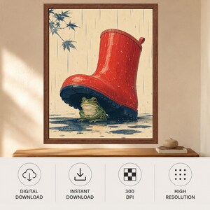 Japanese Woodblock Frog Under Red Boot Print, Whimsical Animal Art (Digital Download) image 10