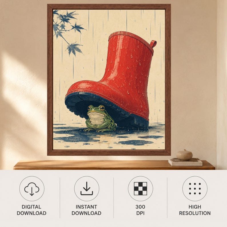Japanese Woodblock Frog Under Red Boot Print, Whimsical Animal Art (Digital Download) image 10