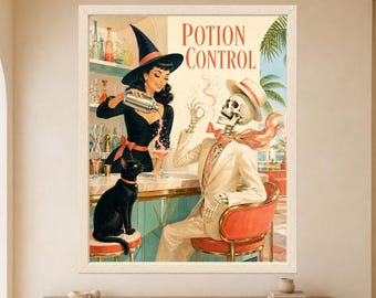 Poster da bar con scheletro di strega e pozione, stile retrò (download digitale)
