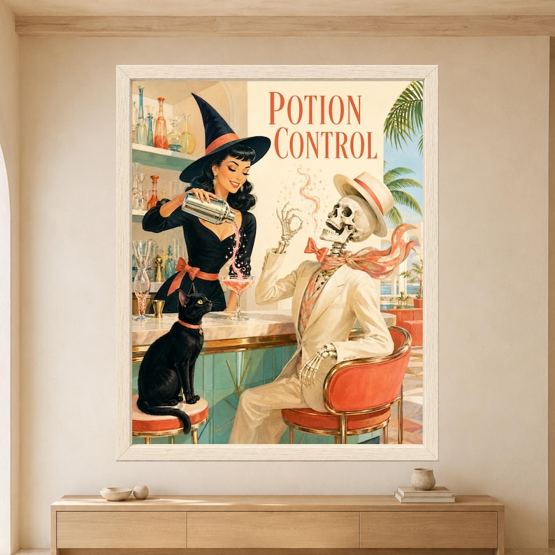 Framed Potion Control skeleton wall art featuring a stylish witch mixing a sparkling cocktail for a skeleton customer beside a black cat in a colorful retro bar.