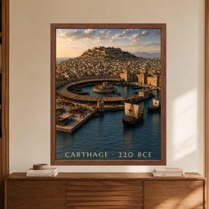 Framed Carthage 220 BCE wall art showing an ancient Mediterranean harbor filled with sailing ships, stone fortifications, waterfront markets and a hillside city above deep blue water.