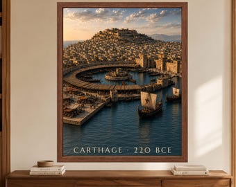Póster de viaje de Cartago, arte mural de la antigua ciudad, lámina histórica de Túnez, puerto mediterráneo, descarga digital.