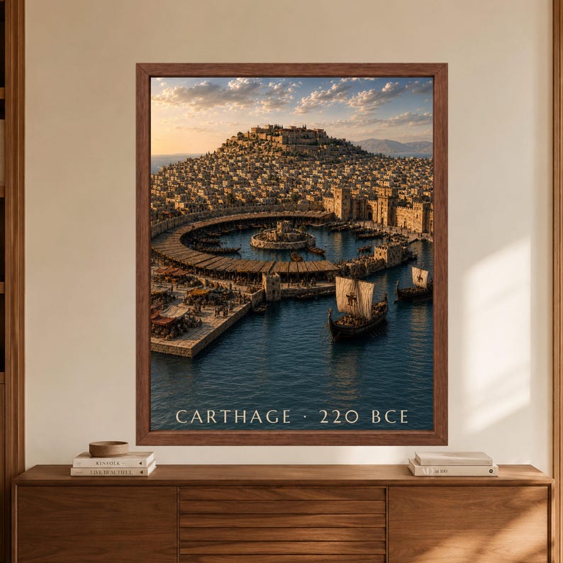 Framed Carthage 220 BCE wall art showing an ancient Mediterranean harbor filled with sailing ships, stone fortifications, waterfront markets and a hillside city above deep blue water.