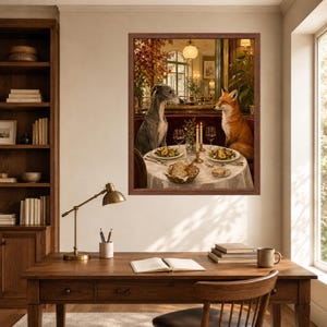 May include: A framed wall art print depicting a grey Italian Greyhound and a red fox sitting at a round dining table with white tablecloths, plates of food, wine glasses, and lit candles in a restaurant setting with warm ambient lighting.
