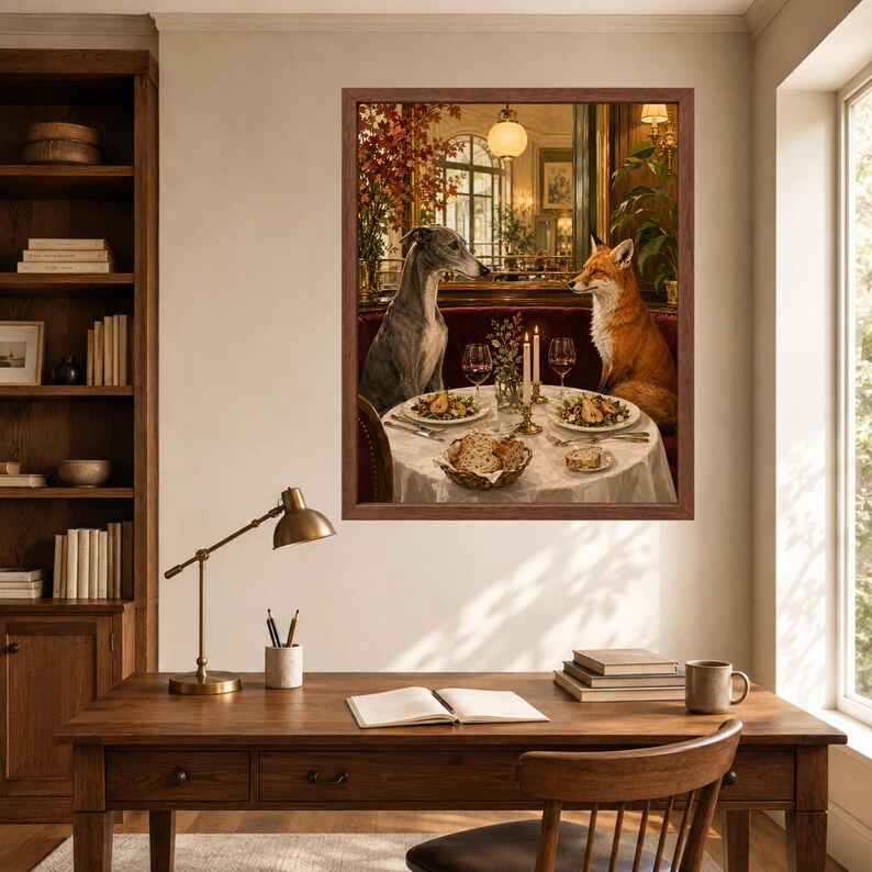 May include: A framed wall art print depicting a grey Italian Greyhound and a red fox sitting at a round dining table with white tablecloths, plates of food, wine glasses, and lit candles in a restaurant setting with warm ambient lighting.