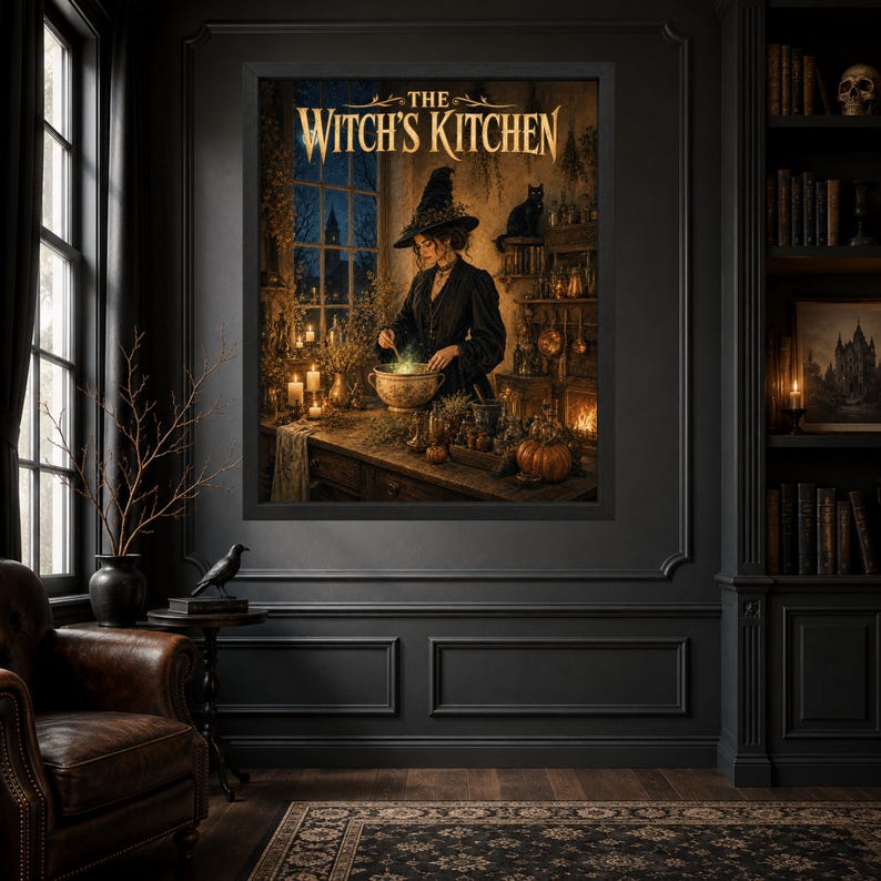 Może przedstawiać: Oprawiony wydruk artystyczny zatytułowany THE WITCH'S KITCHEN przedstawiający osobę w czarnym kapeluszu i sukni mieszającą świecący kociołek w słabo oświetlonym pokoju ze świecami, ziołami, czarnym kotem i dyniami na drewnianym stole przy oknie.