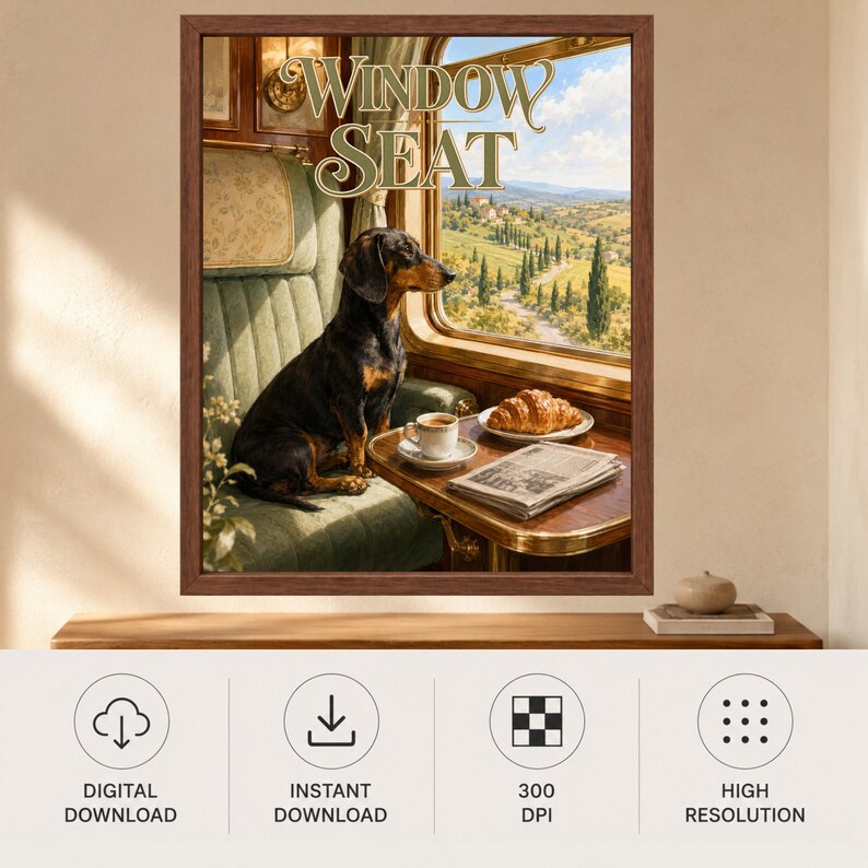 以下が含まれることがあります： 「Window Seat」と題された額入りウォールアートプリント。緑色の布張り列車座席に座る黒と茶色のダックスフントが描かれ、窓の外には風景が広がり、テーブルの上にはクロワッサン、コーヒーカップ、新聞が置かれています。