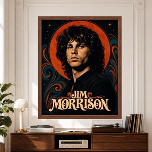 Framed Jim Morrison wall art featuring a vintage psychedelic rock portrait with burnt orange halo, teal swirling graphics, celestial stars and bold retro Jim Morrison typography above a record player console.