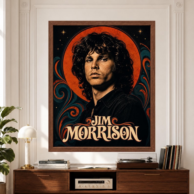 Framed Jim Morrison wall art featuring a vintage psychedelic rock portrait with burnt orange halo, teal swirling graphics, celestial stars and bold retro Jim Morrison typography above a record player console.