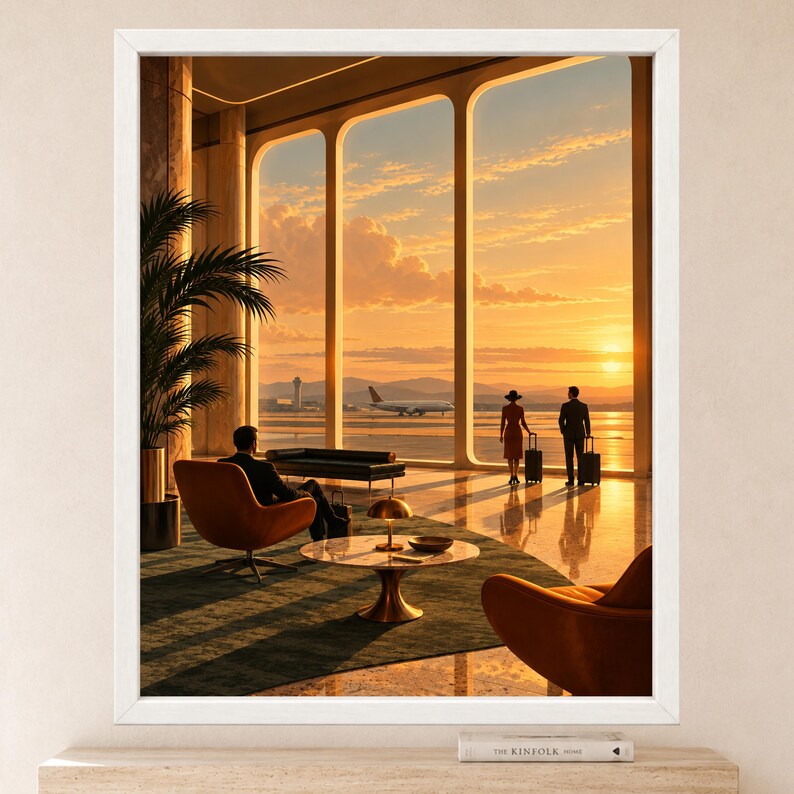 Kunstdruck einer Flughafenlounge im Stil der Mitte des 20. Jahrhunderts, Poster „Sunset Aviation“ (Digitaler Download) Bild 2