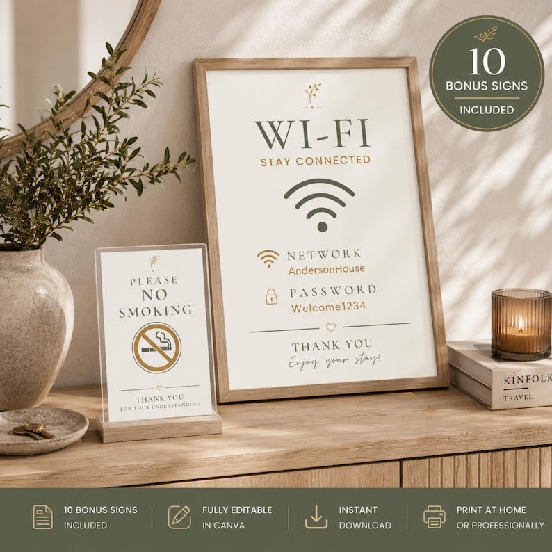 May include: A framed Wi-Fi sign with the text WI-FI STAY CONNECTED, NETWORK AndersonHouse, PASSWORD Welcome1234, and THANK YOU Enjoy your stay, alongside a smaller acrylic sign reading PLEASE NO SMOKING and THANK YOU FOR YOUR UNDERSTANDING.